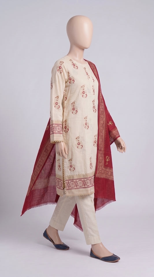 Beige & Maroon Block Print 3-Piece — view 2