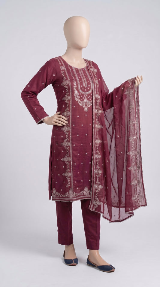 Crimson Silver Thread Embroidered 3-Piece — view 2
