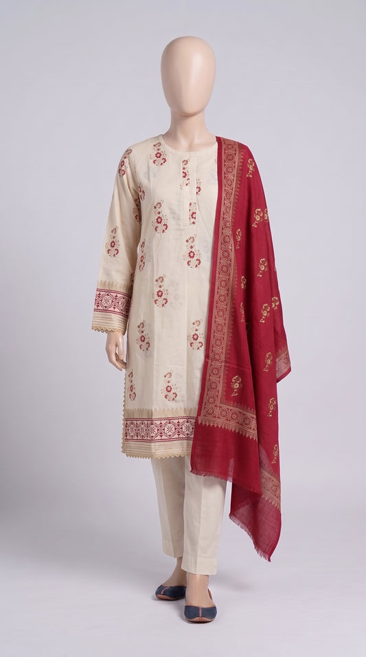 Beige & Maroon Block Print 3-Piece — view 1