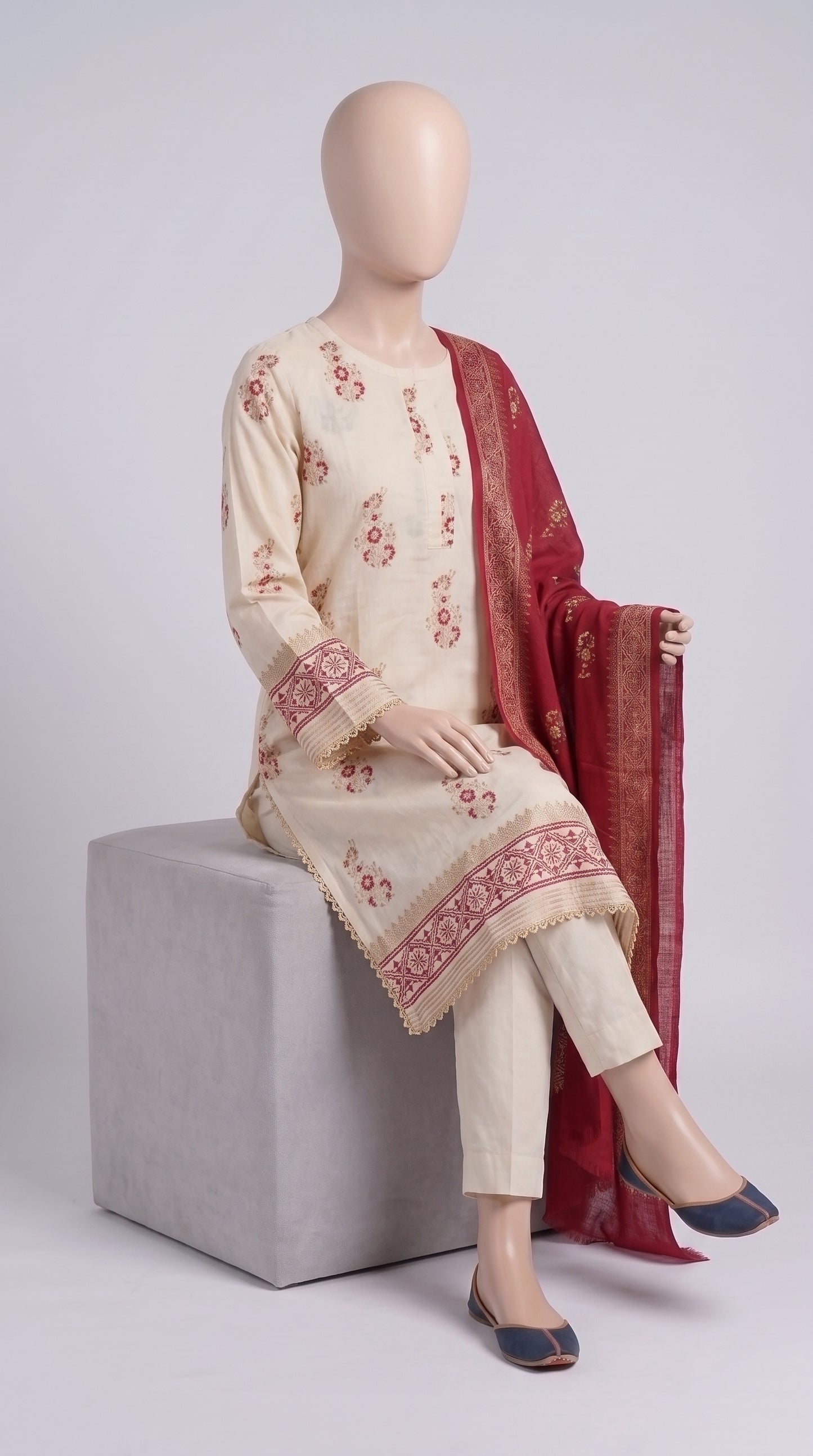 Beige & Maroon Block Print 3-Piece — view 3