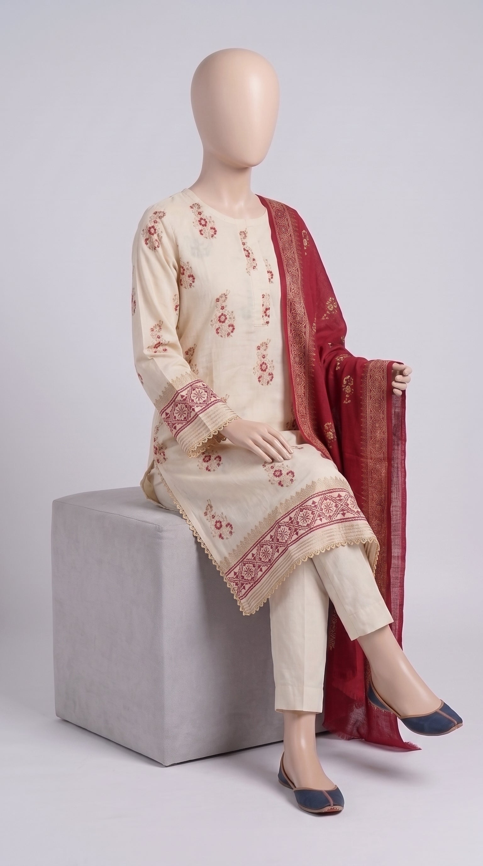 Beige & Maroon Block Print 3-Piece — view 3