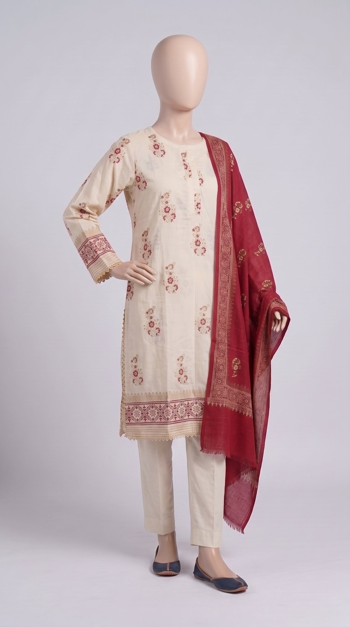 Beige & Maroon Block Print 3-Piece — view 4