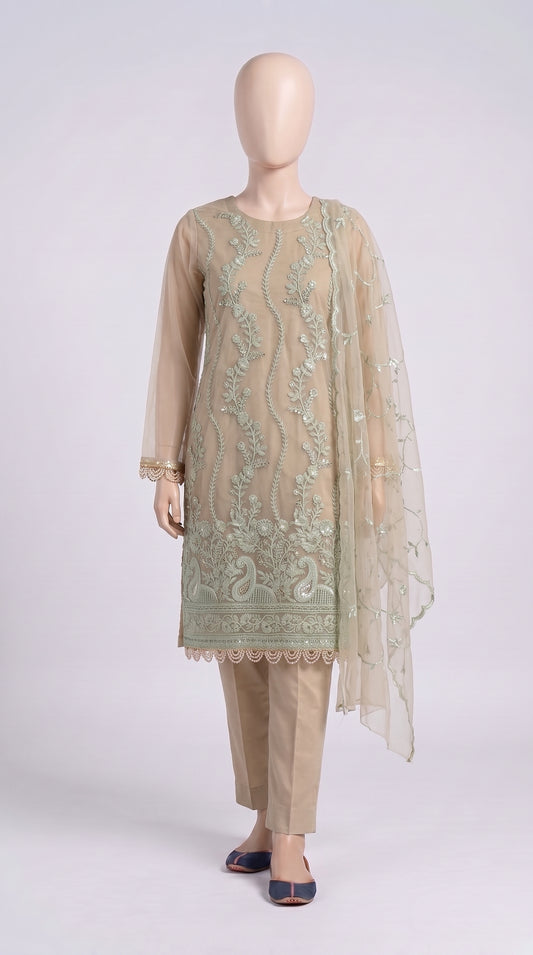 Beige & Mint Sequin Organza 3-Piece — view 1