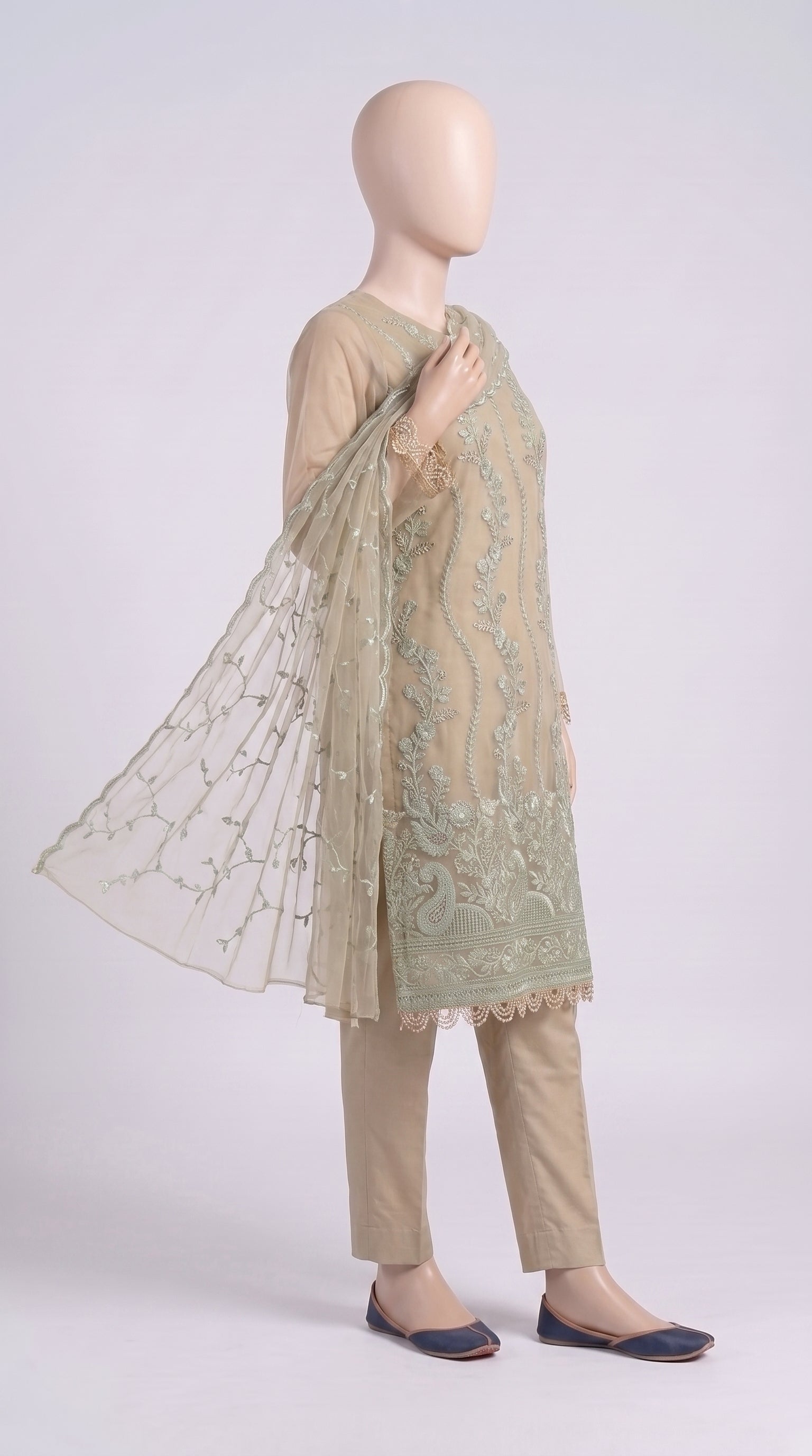 Beige & Mint Sequin Organza 3-Piece — view 2
