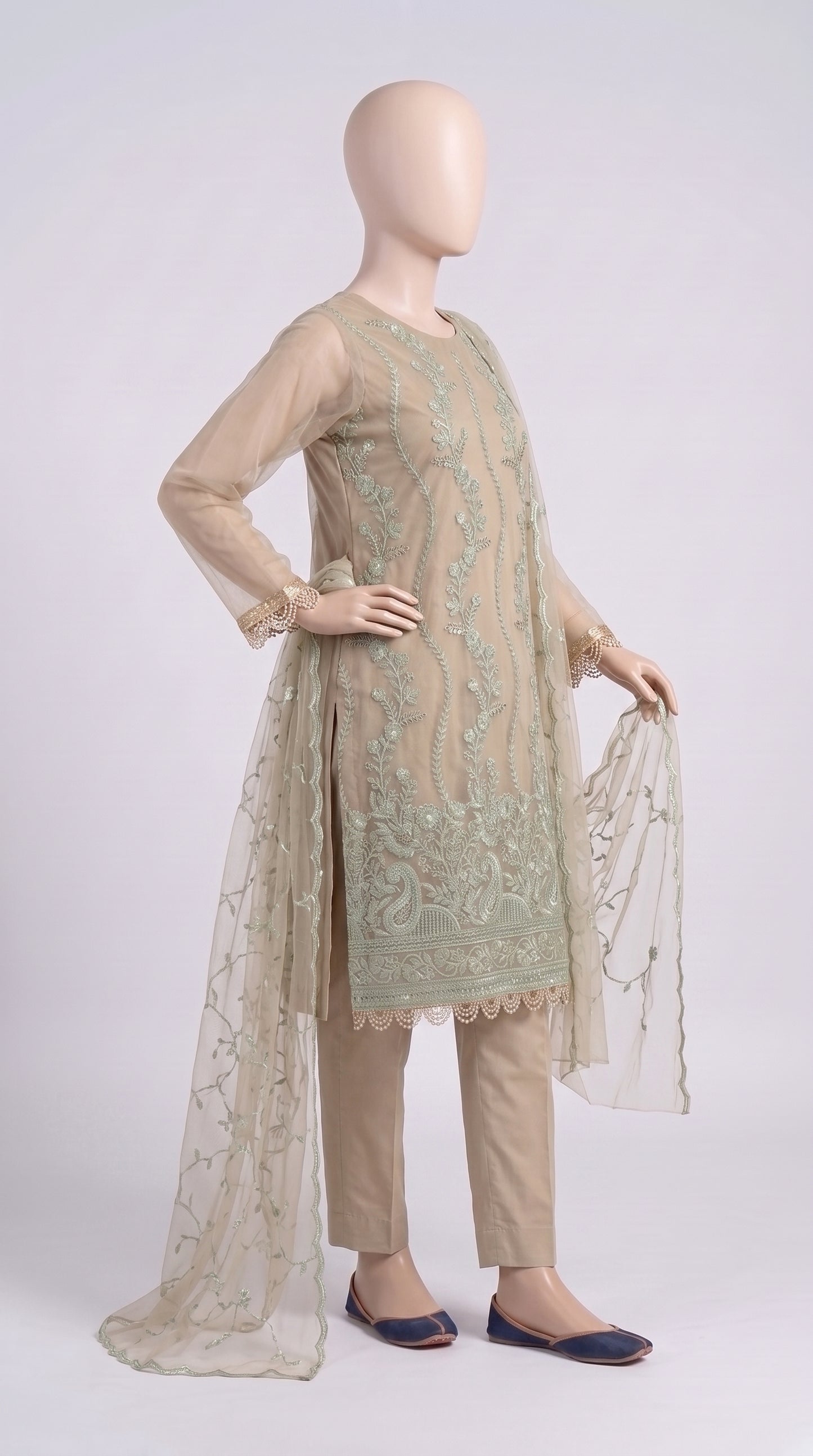 Beige & Mint Sequin Organza 3-Piece — view 3