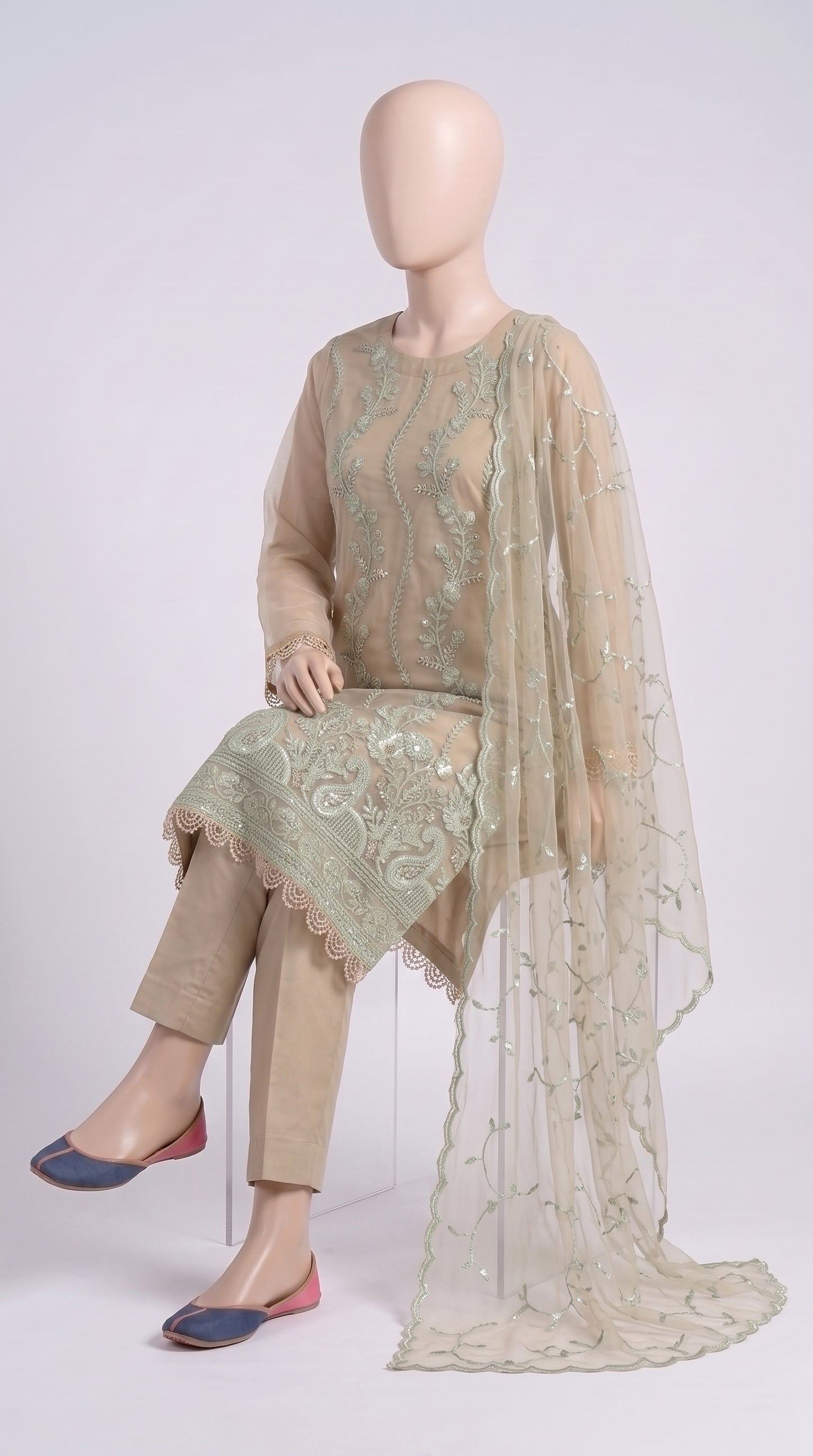 Beige & Mint Sequin Organza 3-Piece — view 4