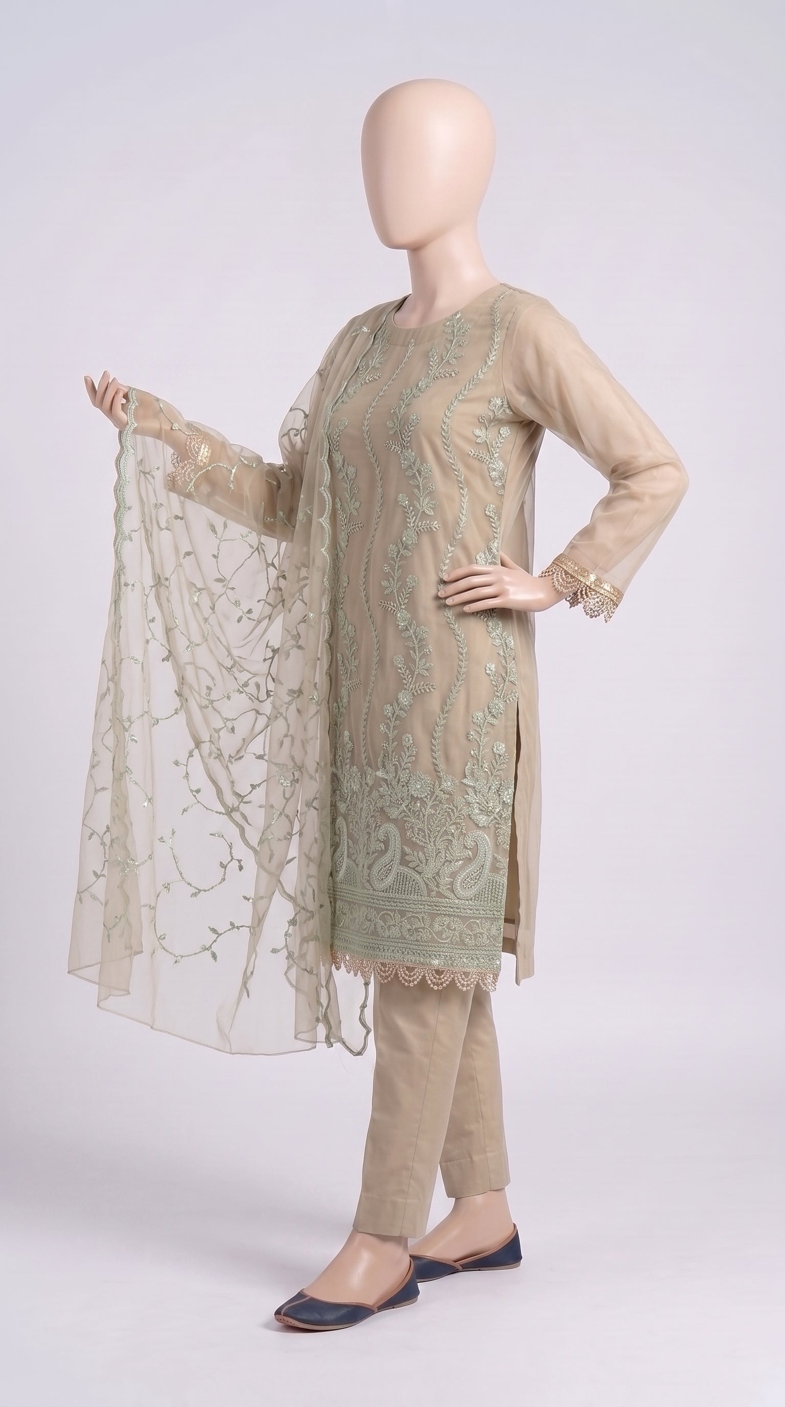 Beige & Mint Sequin Organza 3-Piece — view 5
