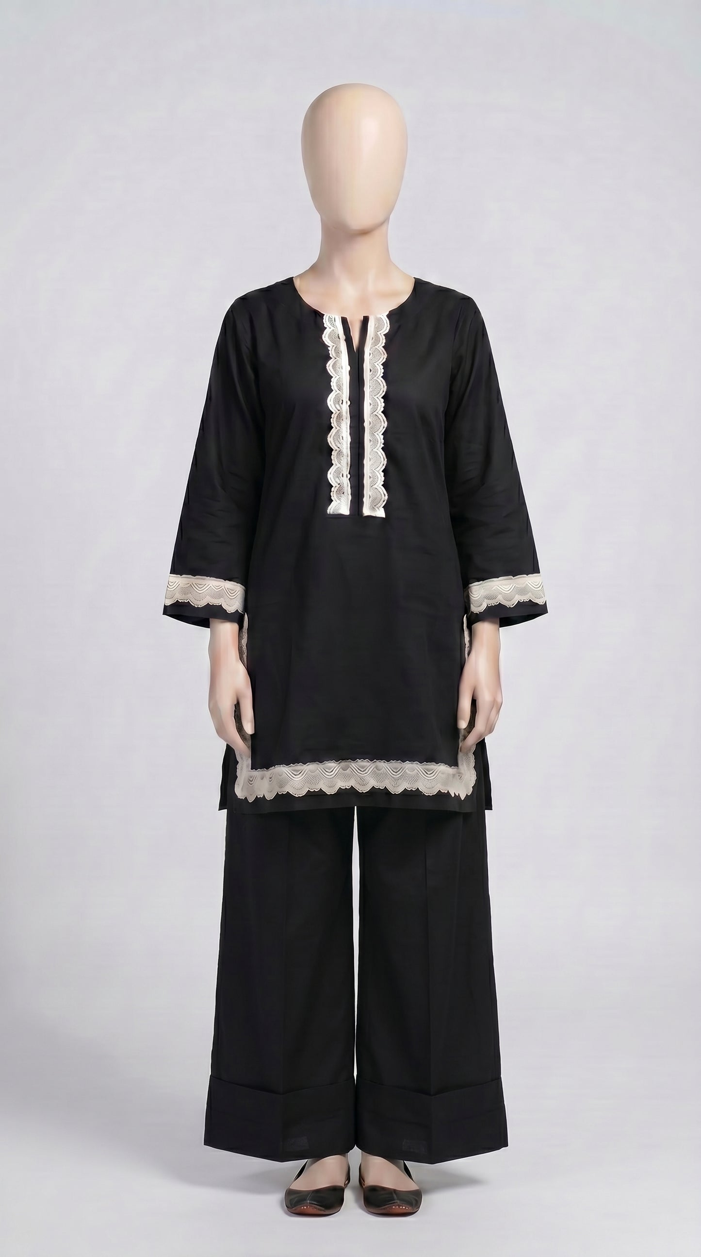 Black & Ivory Lace Trim Lawn Set — view 1