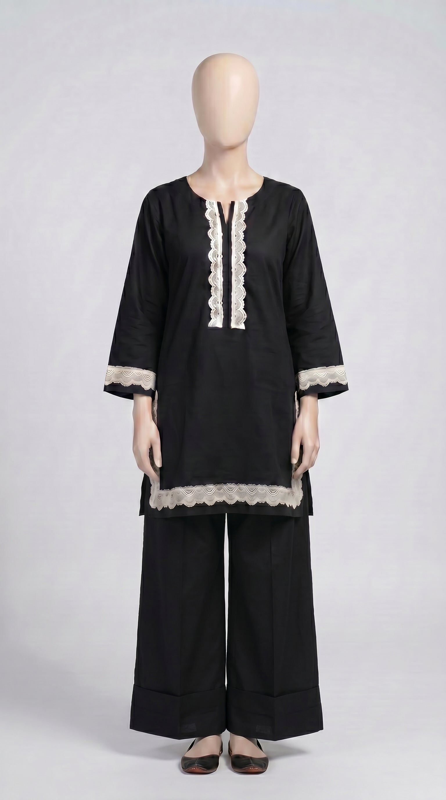 Black & Ivory Lace Trim Lawn Set — view 1