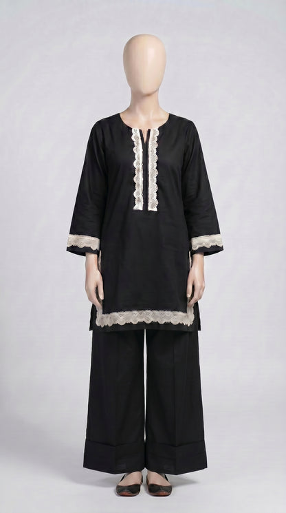 Black & Ivory Lace Trim Lawn Set — view 1