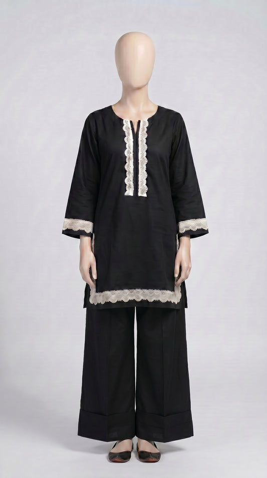 Black & Ivory Lace Trim Lawn Set — view 1