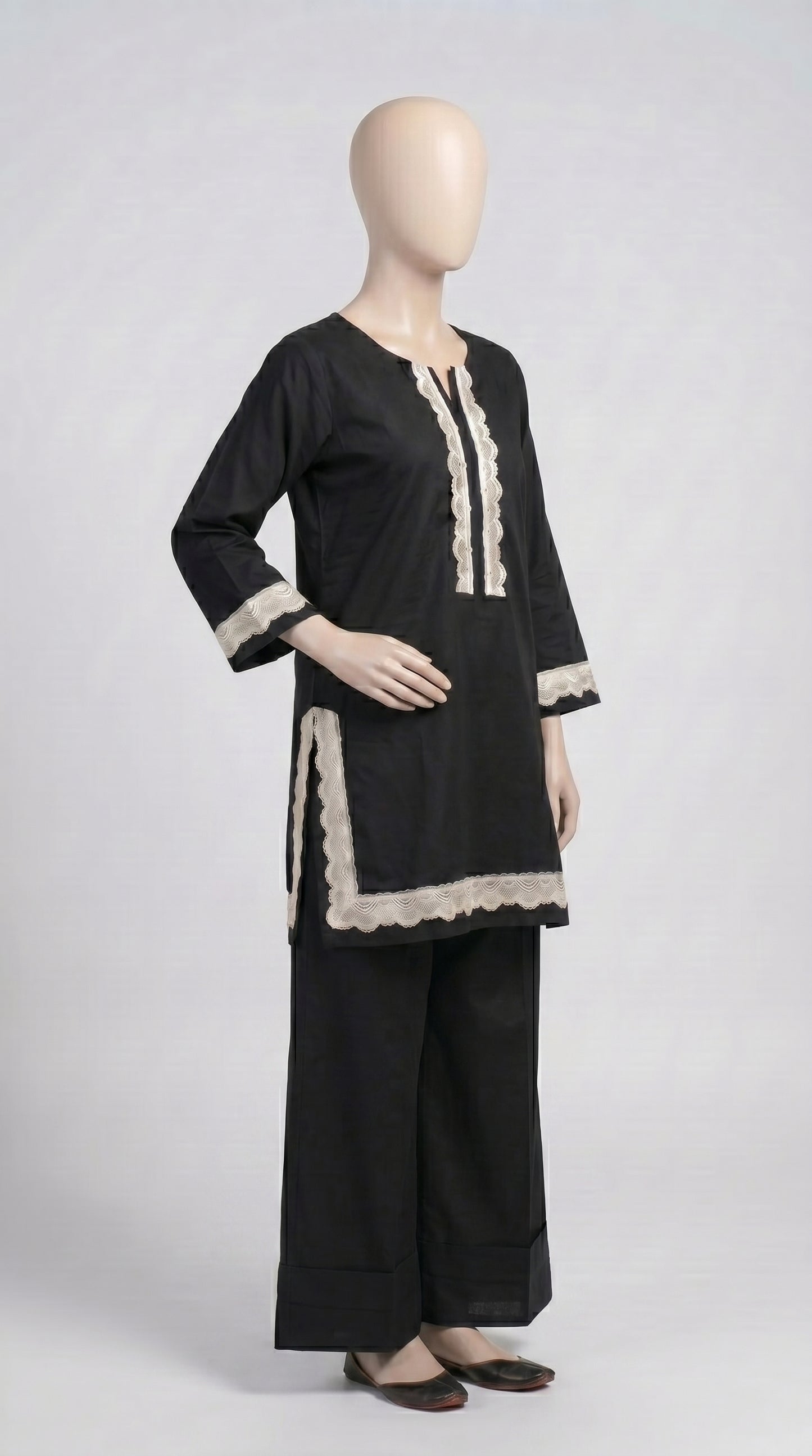 Black & Ivory Lace Trim Lawn Set — view 2