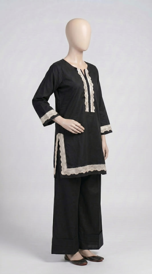 Black & Ivory Lace Trim Lawn Set — view 2
