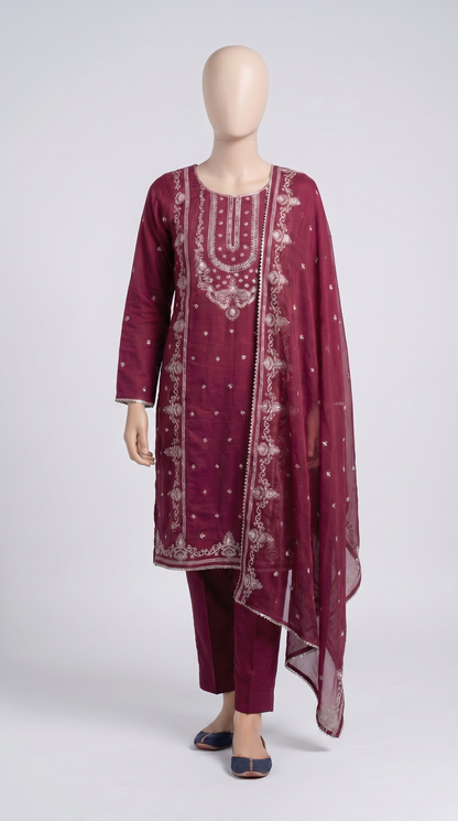 Crimson Silver Thread Embroidered 3-Piece — view 1