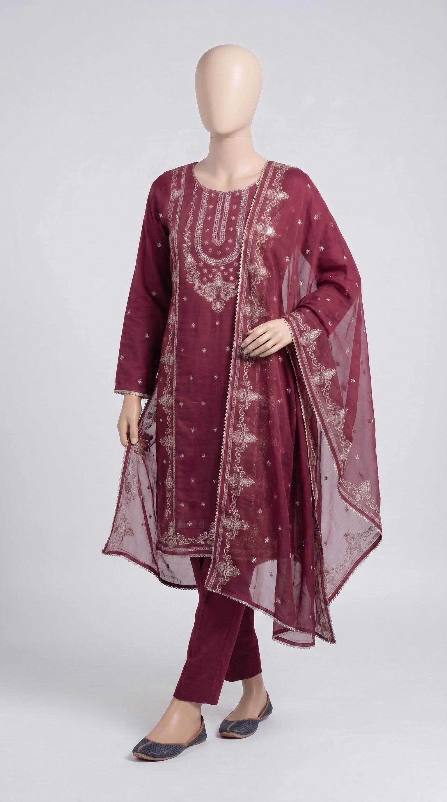 Crimson Silver Thread Embroidered 3-Piece — view 4