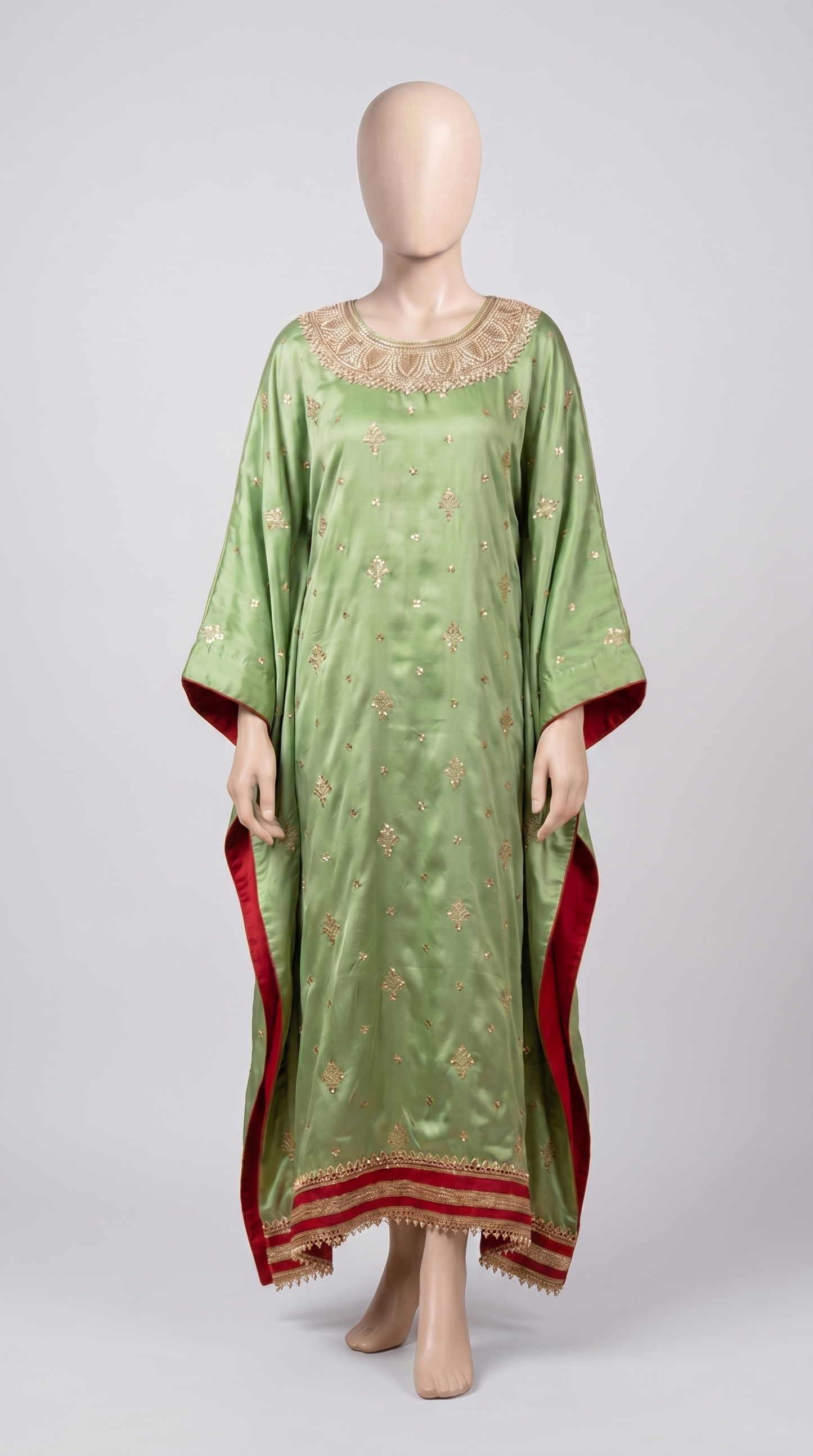 Mint Silk Kaftan with Golden Zari & Red Trim — view 1