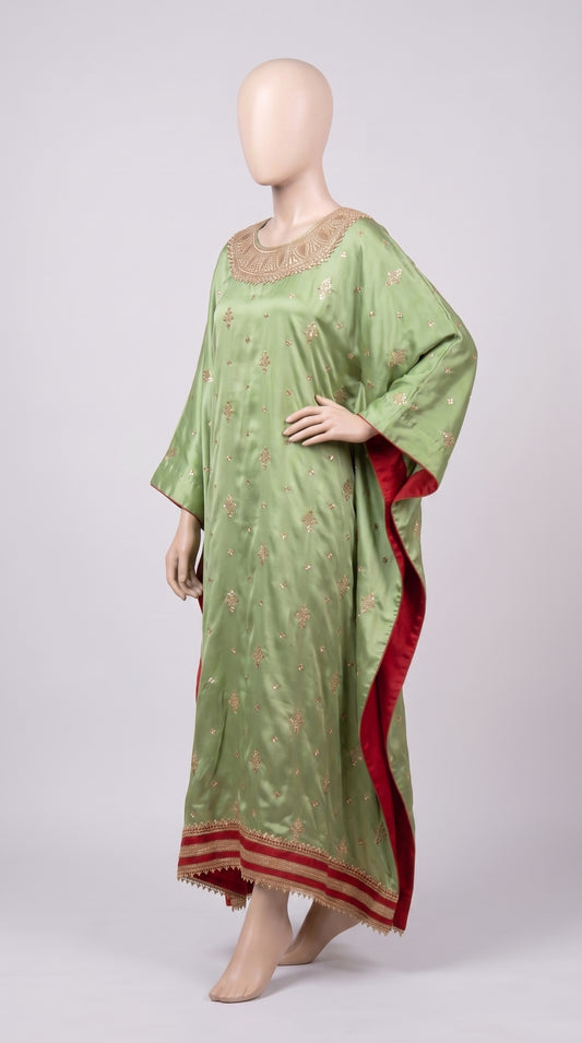 Mint Silk Kaftan with Golden Zari & Red Trim — view 2