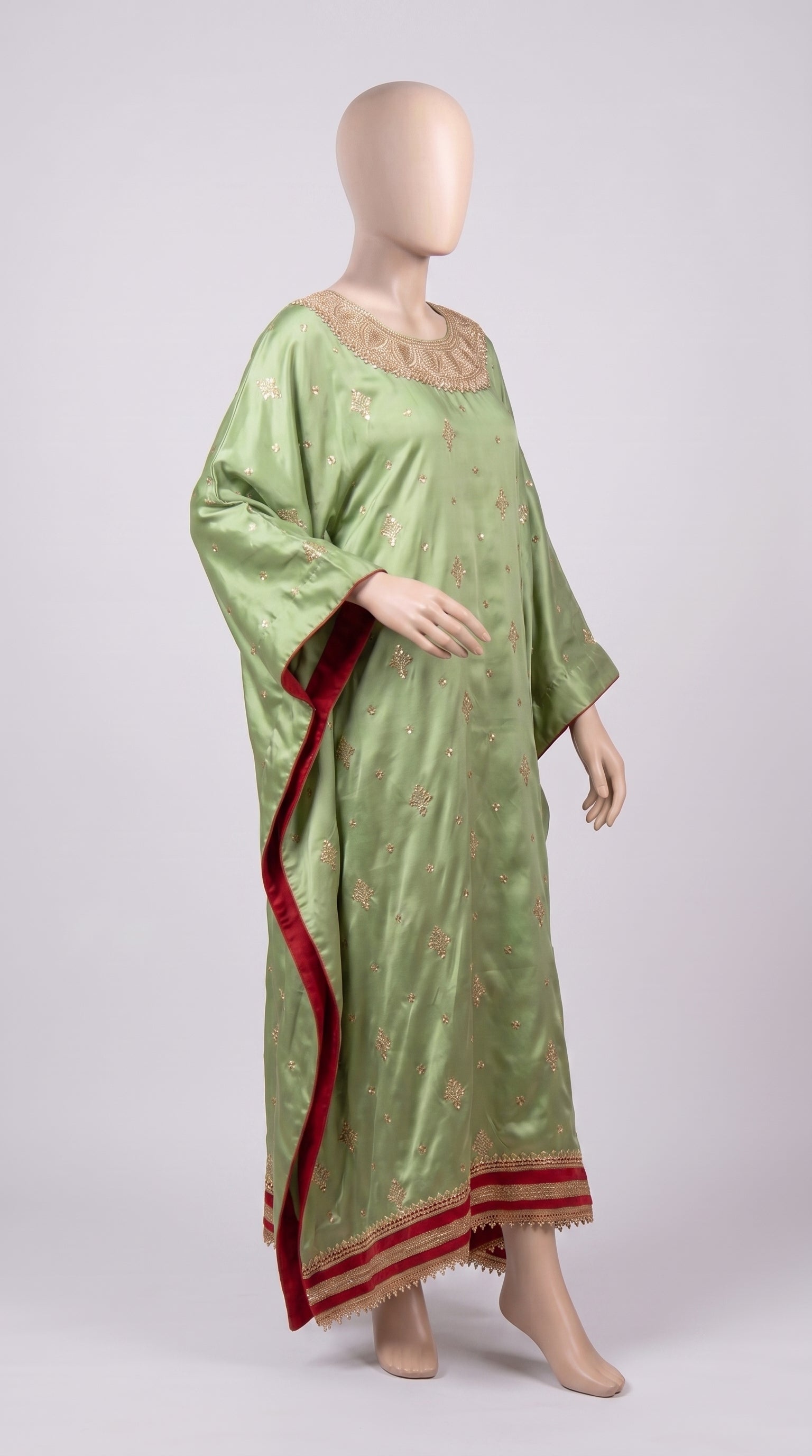 Mint Silk Kaftan with Golden Zari & Red Trim — view 3