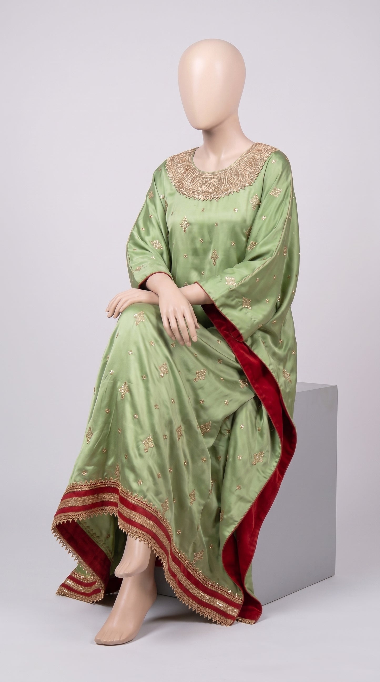 Mint Silk Kaftan with Golden Zari & Red Trim — view 4