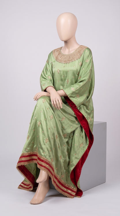 Mint Silk Kaftan with Golden Zari & Red Trim — view 4