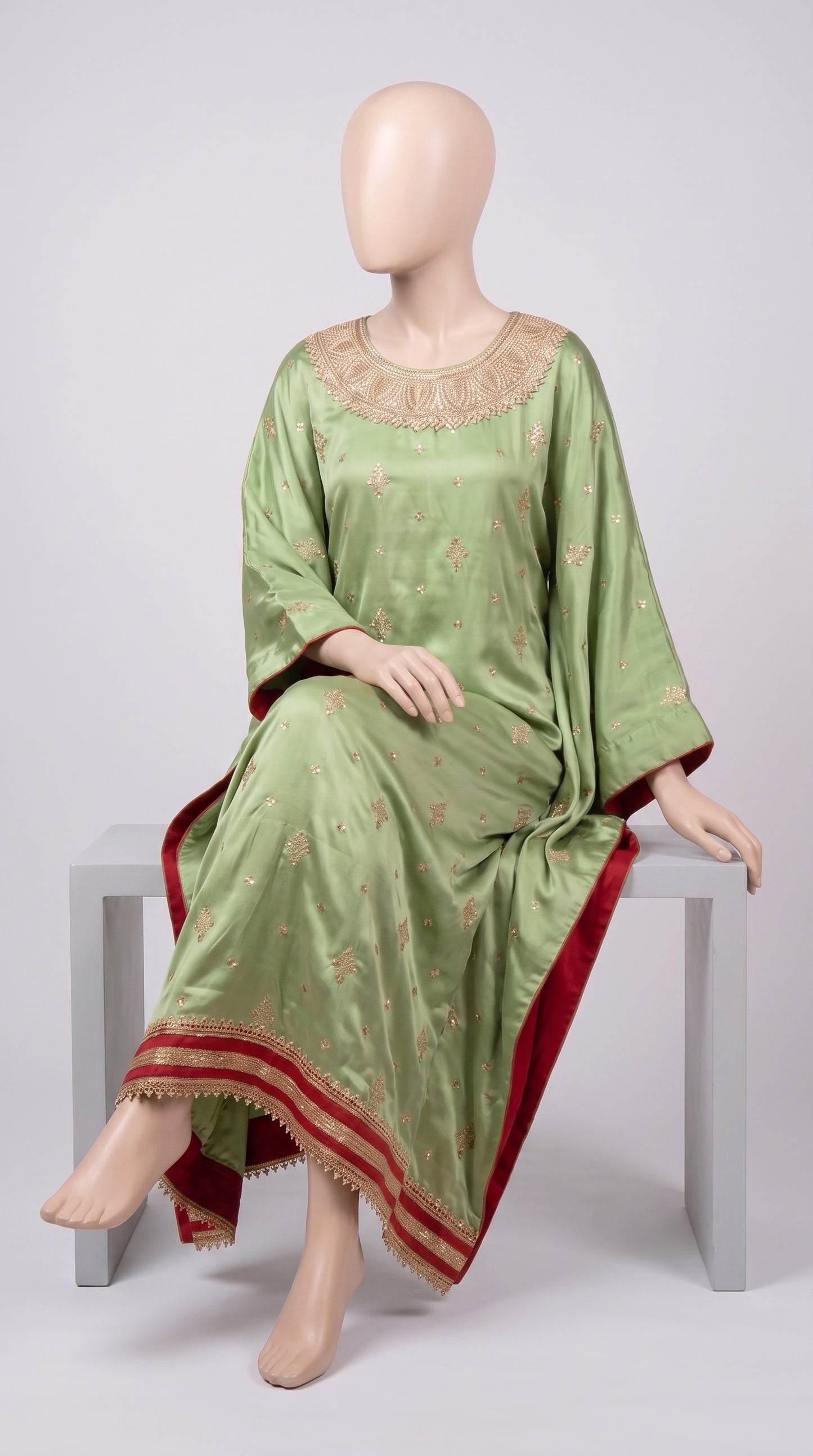 Mint Silk Kaftan with Golden Zari & Red Trim — view 5