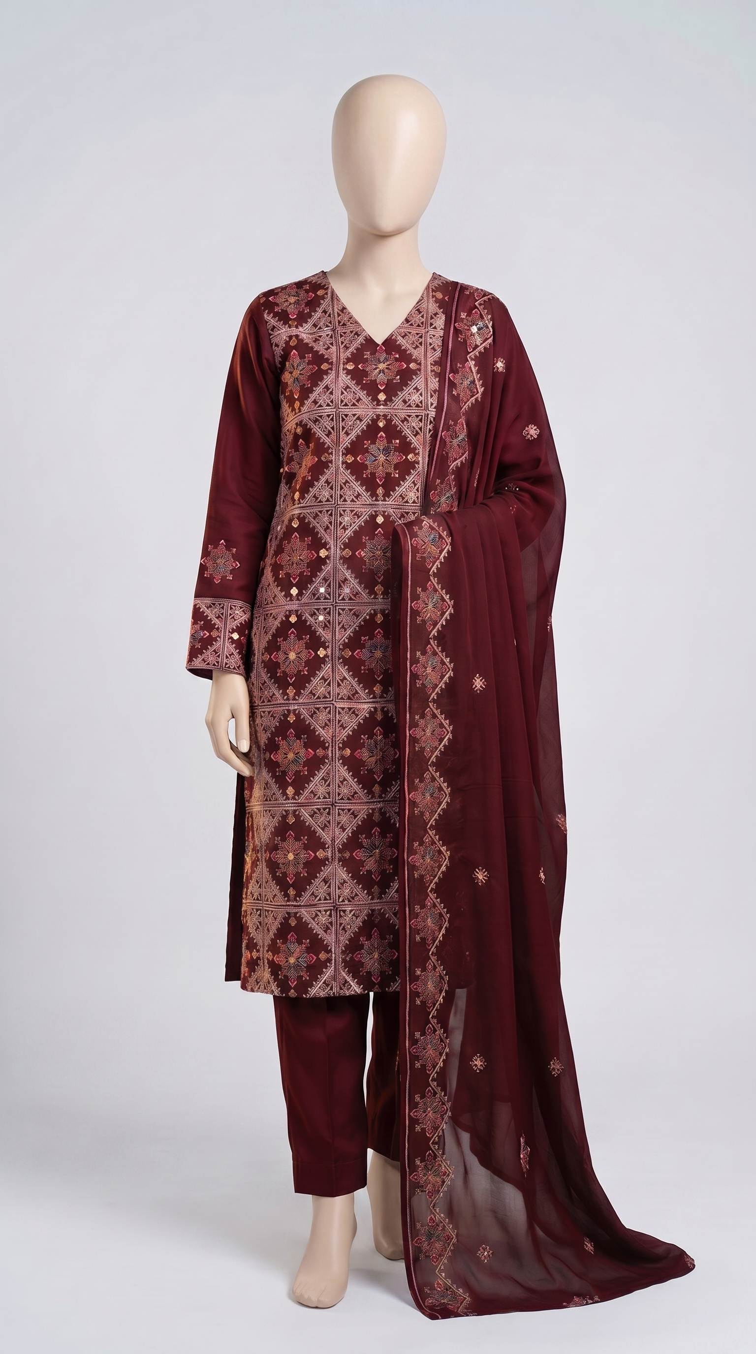 Maroon Mirror Lattice Embroidered Chiffon 3-Piece — view 1