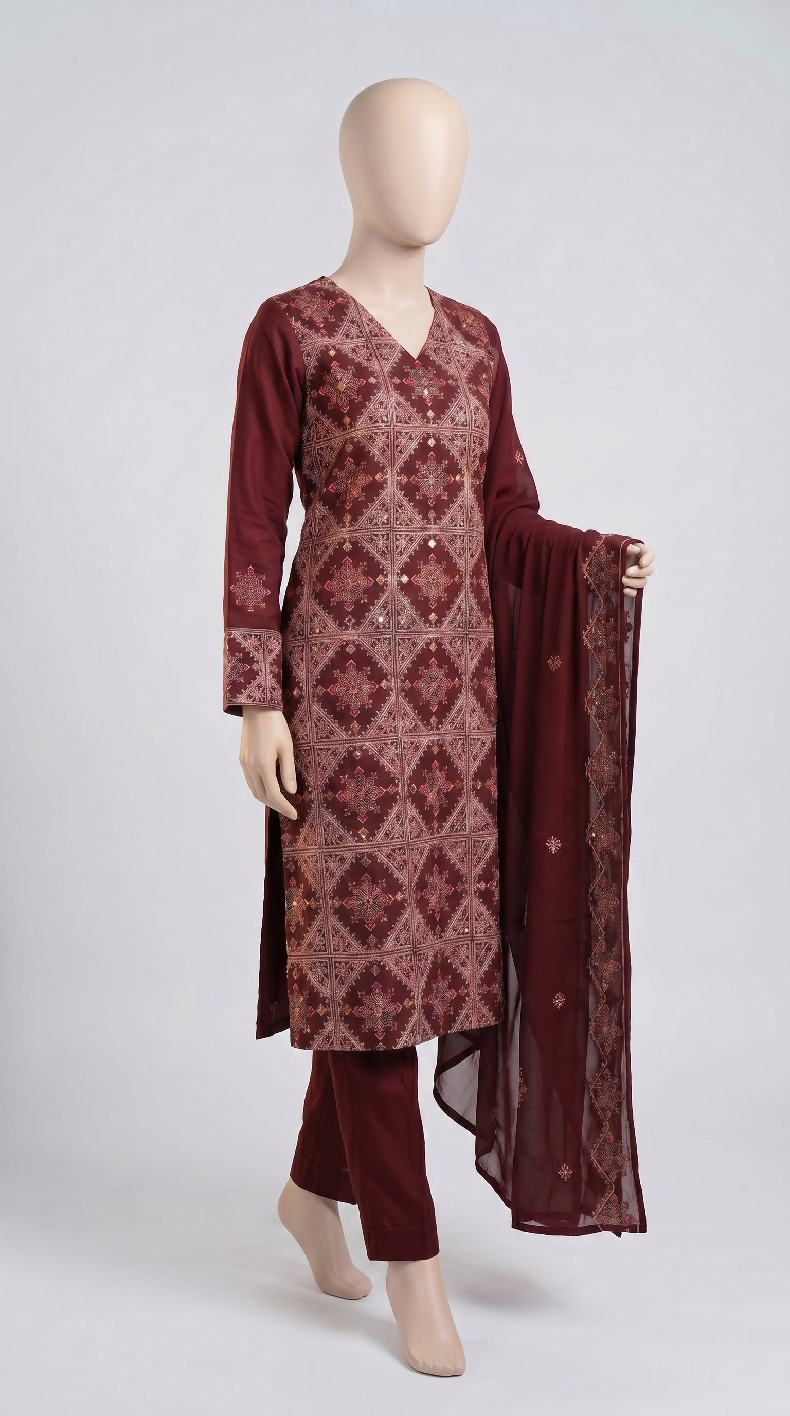 Maroon Mirror Lattice Embroidered Chiffon 3-Piece — view 2