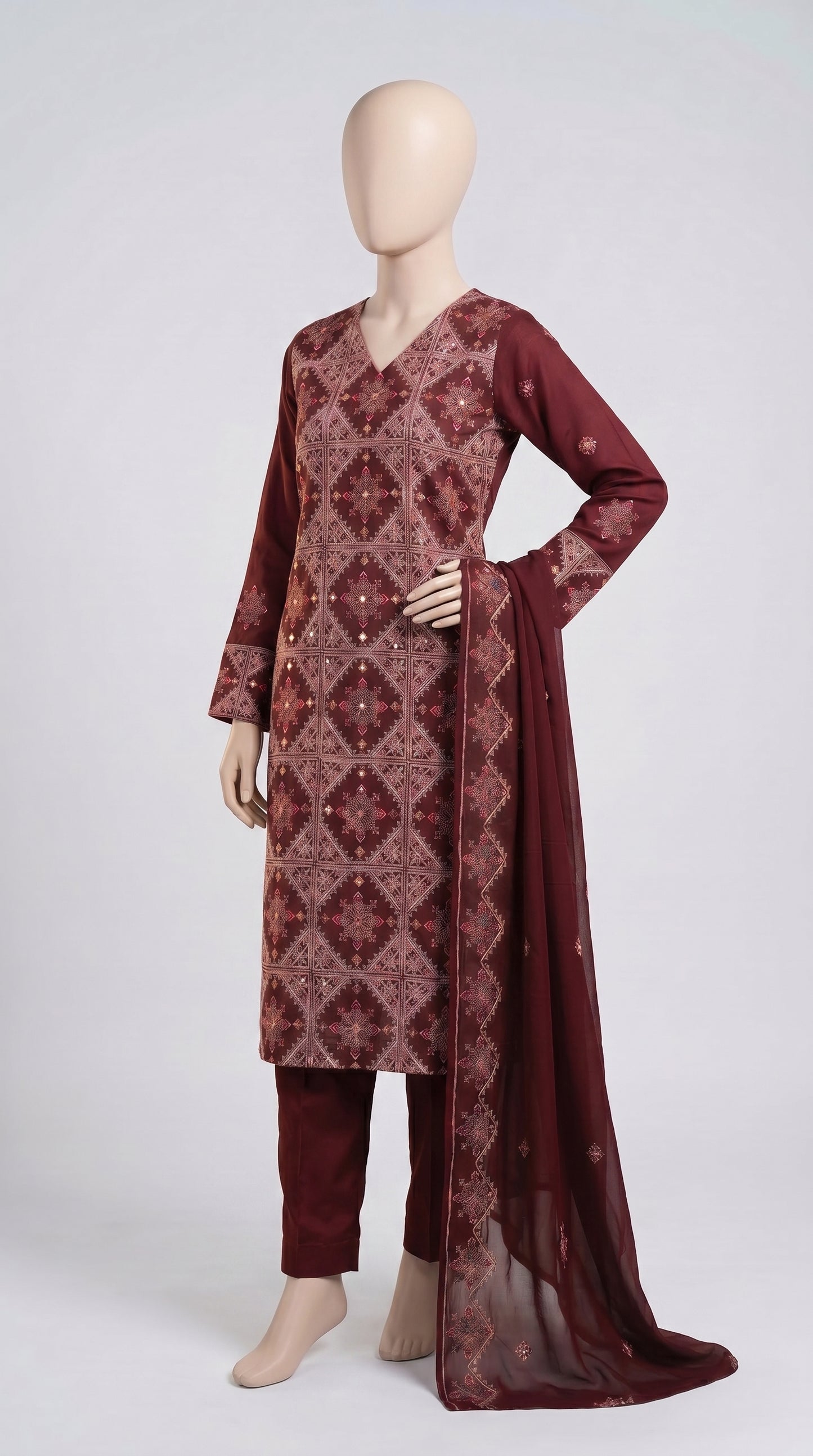 Maroon Mirror Lattice Embroidered Chiffon 3-Piece — view 3