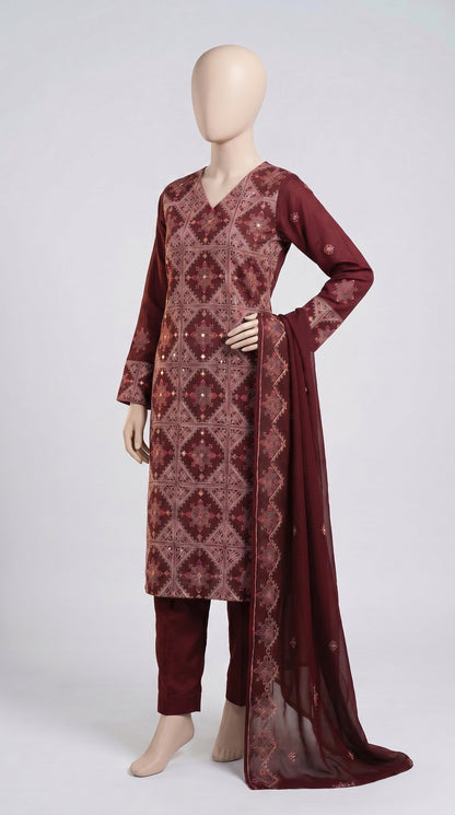 Maroon Mirror Lattice Embroidered Chiffon 3-Piece — view 3