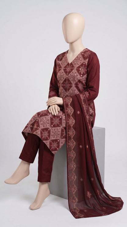 Maroon Mirror Lattice Embroidered Chiffon 3-Piece — view 4
