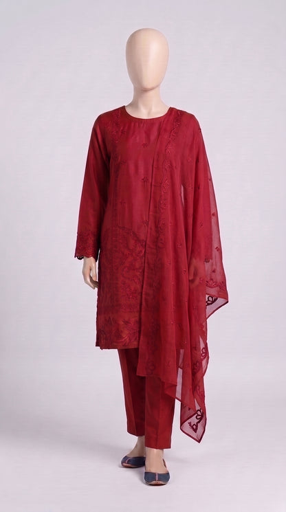 Vibrant Red Monochrome Embroidered 3-Piece — view 1