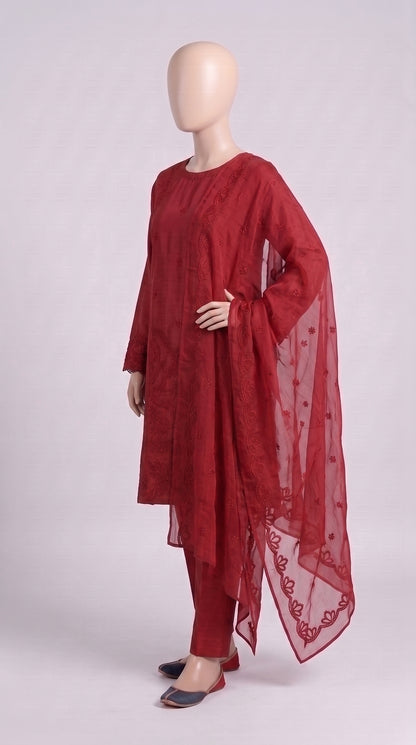 Vibrant Red Monochrome Embroidered 3-Piece — view 2