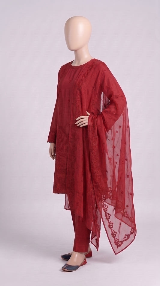 Vibrant Red Monochrome Embroidered 3-Piece — view 2
