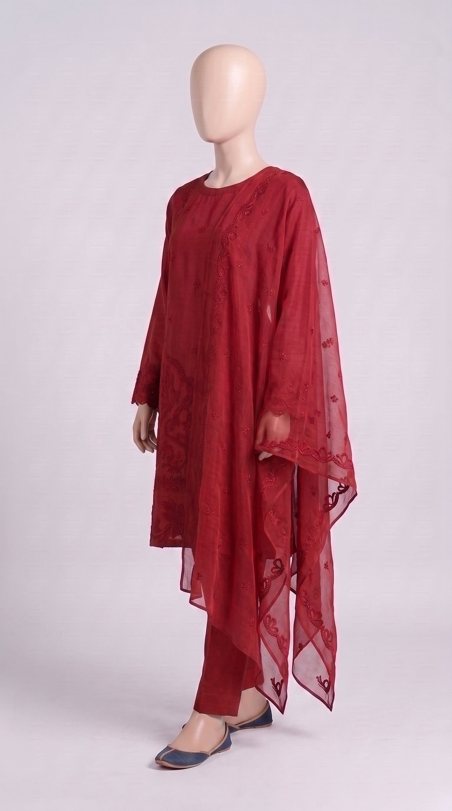 Vibrant Red Monochrome Embroidered 3-Piece — view 3
