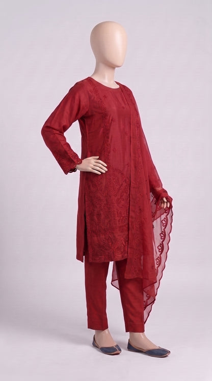 Vibrant Red Monochrome Embroidered 3-Piece — view 4