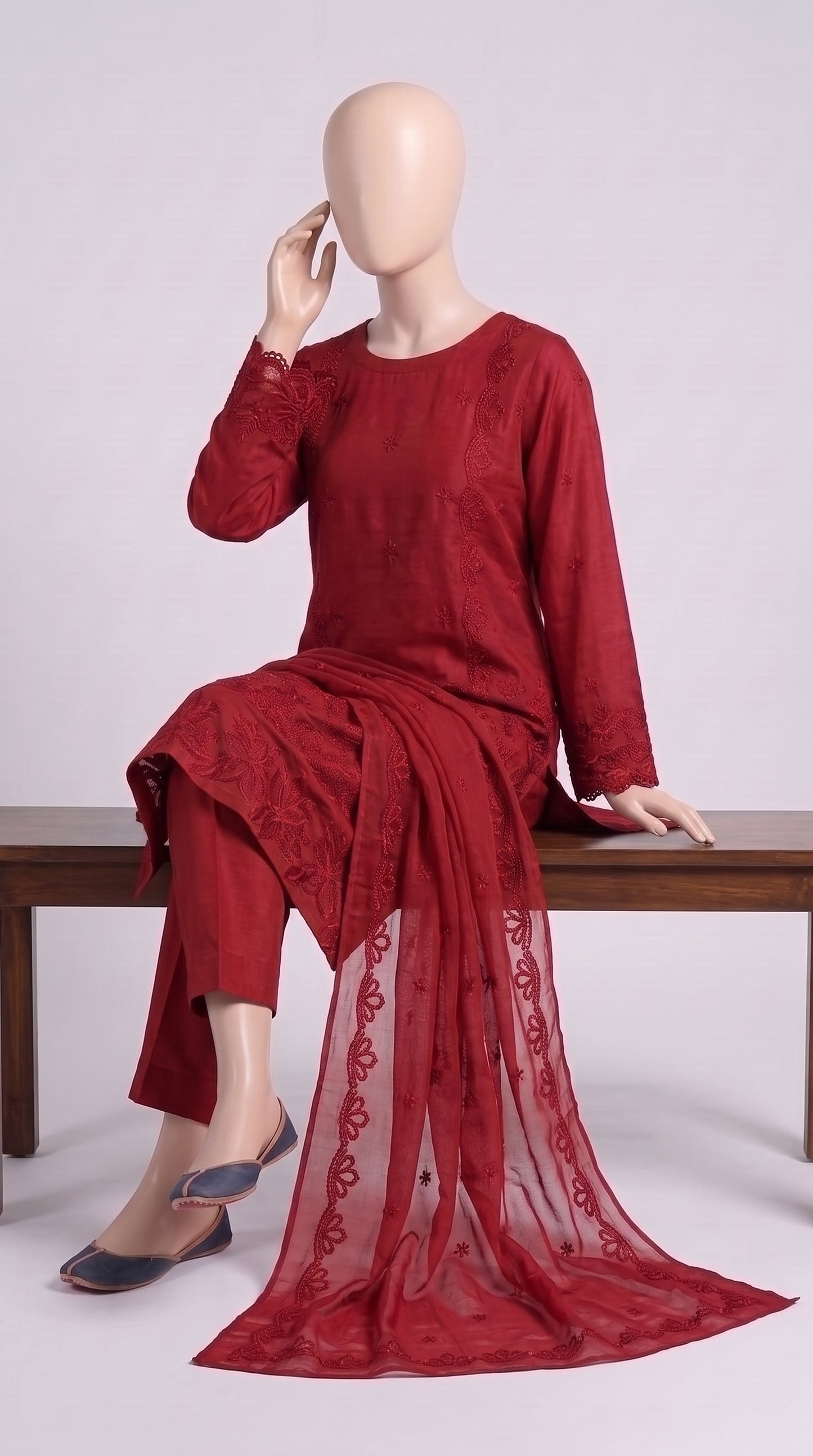 Vibrant Red Monochrome Embroidered 3-Piece — view 5